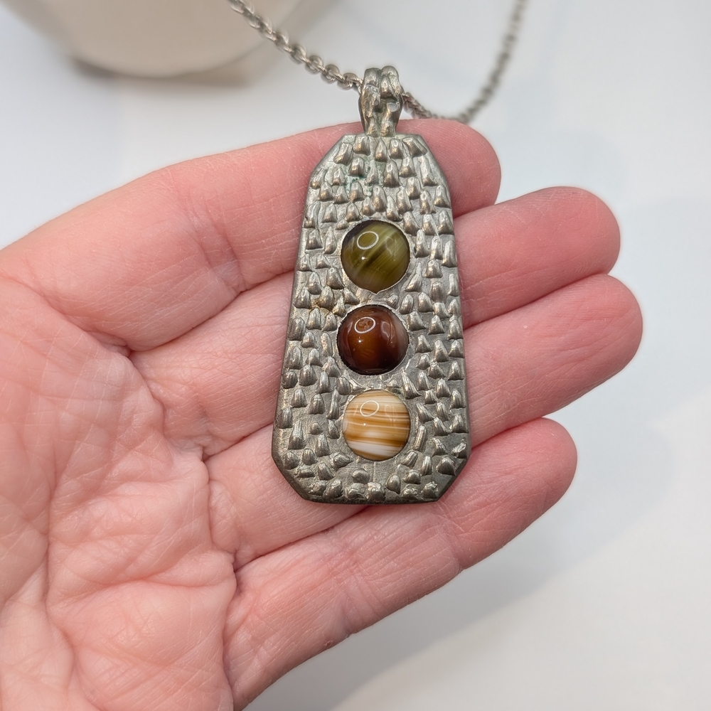 Vintage Tinn Pewter Scandinavian Necklace With Natural Stones